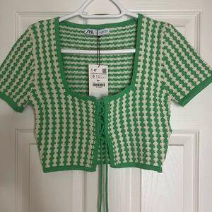 Zara Green/Cream Knit Lace Up Crop Top size S